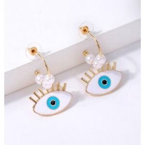1 Evil Eye Earrings Gold Tone Dangle Drop Pearl Accent Fashion Jewelry